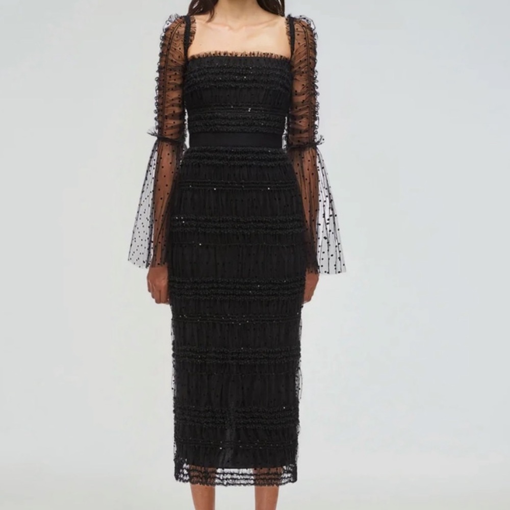 Self Portrait Black Dot Mesh Midi Dress